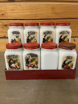 Vtg Milk Glass Set Of 8 Made In USA Spice Jars W/ Red Metal Rack • $35