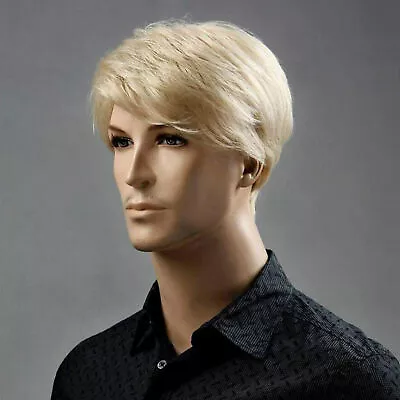 Men's Yellow Gold Straight Wig Medium-Length Synthetic Hair Blonde Natural Style • $17.98