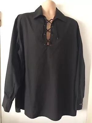 Mens Vintage Black Laced Corded Neck Tunic Shirt Xl Goth Whitby Pirate Steampunk • £35