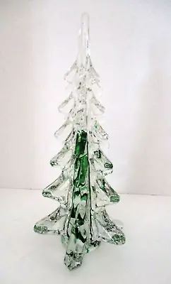 Vintage Art Glass Crystal Christmas Tree 10  Green Clear Swirled • $45.75