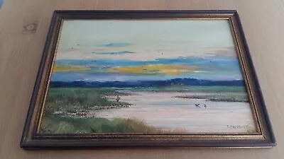 £9.99 • Buy VINTAGE, SIGNED 'LEN HUNT' OIL PAINTING, ’ SOLITARY FISHING’ FRAMED,  41 X 29 Cm