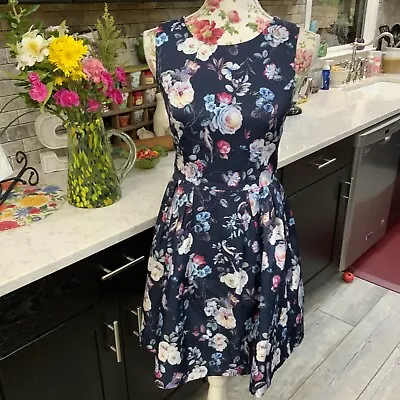 Moon Floral Butterflies & Squirrel Print Dress Fit & Flare Blue Size Small Lined • $22.97