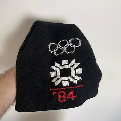 Vintage 1984 Olympics Beanie Black Knit Logo Los Angeles Cotton 80s Hat • £25