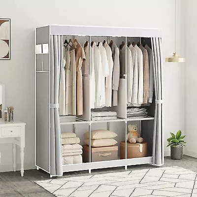 Large Canvas Wardrobe With Hanging Rail Shelving Fabric Clothes Storage Cupboard • £20.99