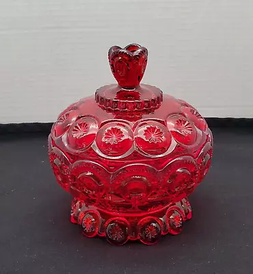 Vintage L E Smith Ruby Red Moon & Stars Glass Footed Covered Compote Candy Dish • $59.99