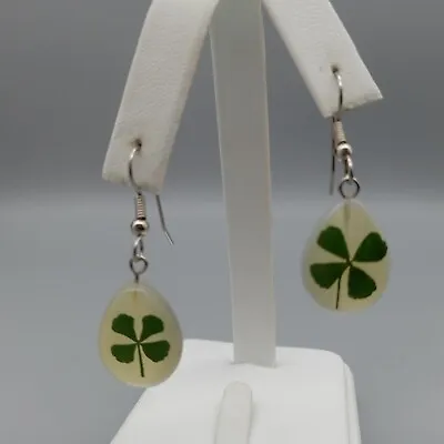 Lucky Irish 4 Leaf Clover St Patrick Resin Hook Earrings Silver Tone VTG Estate • $15.99
