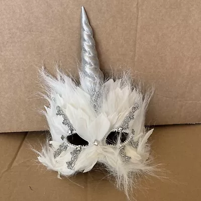 Carnial White Unicorn Feather Glitter Mask Fancy Dress Costume • £14.99