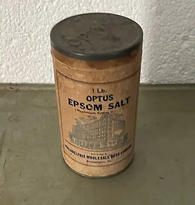 Vintage OPTUS Epsom Salt Full Cardboard Tin Philadelphia Wholesale Drug Co. 1LB • $24