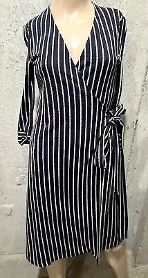 Diane Von Furstenberg DVF Julian Navy Blue Rope Stripe Vintage Silk Wrap Dress 2 • $0.99