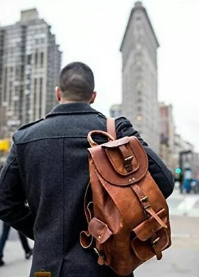 Leather Bag Backpack Goat Rucksack Laptop Vintage Travel Genuine Brown Men's New • £41.58