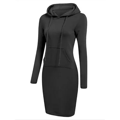 Women Long Sleeve Hooded Sweatshirt Dress Ladies Pocket Slim Hoodie Midi Dresses • £10.99