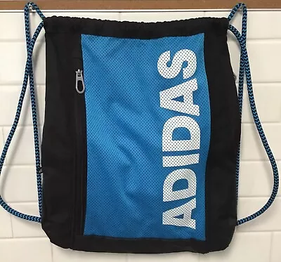 Adidas Backpack Gym Sports Bag Drawstring Sling Sack Spellout Logo Blue Black • $16.95