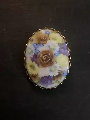 Vintage Oval  Porcelain Hand Painted Roses Brooch • $5