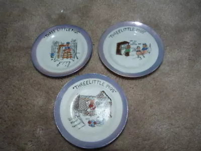 Vtg Walt Disney Three Little Pigs Blue Lusterware Partial Tea Set 3 Saucer Plate • $19.99