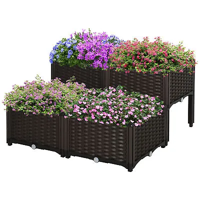 Outsunny 4-piece Elevated Flower Bed Vegetable Herb Planter Plastic Brown • £45.99