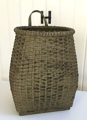 Vintage Painted Sage Green Basket With Leather Handle And Wood Base.  • $295