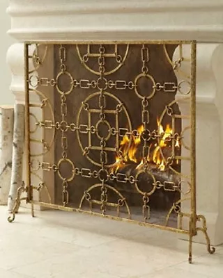 Italian Gold Iron Equestrian Design Fireplace Fire Screen Mesh Back 41 W • $498