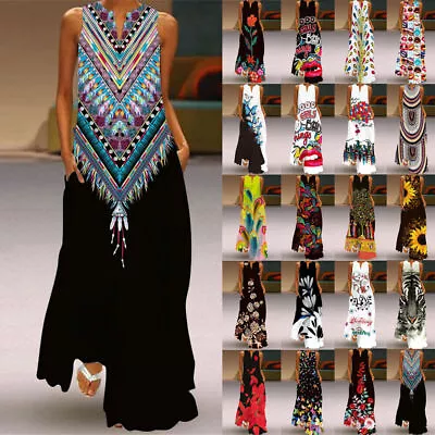 £14.39 • Buy Womens Plus Size Boho Vest PRINT Dress Long Summer Beach Maxi Kaftan Sun Dresses