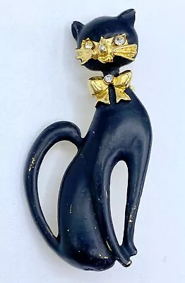 F6-2308 Vintage Brooch Gold Tone Pin 2  Animal Enamel Black Cat Rhinestone • $5.99