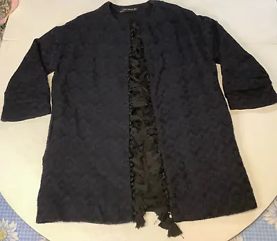 Women's Zara Jacquard Tunic Jacket Tassels Size Small Navy Blue/Black Lined • $19.99