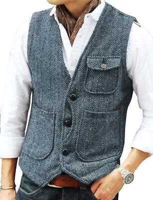 Casual Mens Tweed Waistcoat Herringbone Vest Vintage Wool Wedding Workwear S-3XL • $44.54