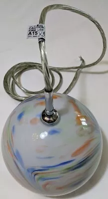 Hanging Round Pendant Light Swirl Blue Multi Color Glass With 6' Electrical Wire • $25