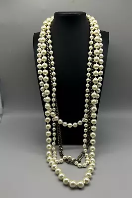 J Crew Faux Pearl Necklace Brass Tone Chain Link Multi Strand Statement 34  • $29.99