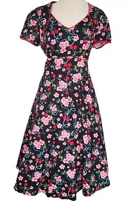 Voodoo Vixen Dress Vintage 40s 50s Rockabilly Black Floral & Cherry Print 2XL 16 • $24.87