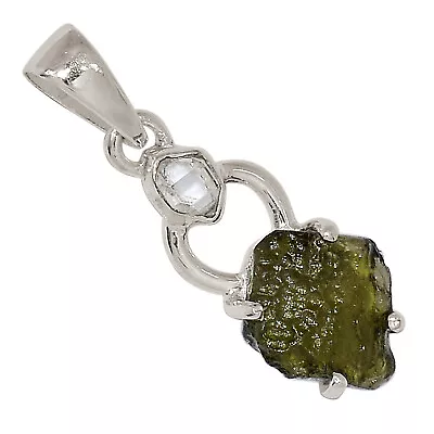 Natural Genuine Czech Moldavite & Herkimer Diamond 925 Silver Pendant ALLP-24556 • $33.99