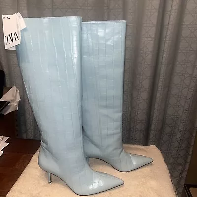 Zara Light Blue Mock Croc Leather High Heel Knee High Boots EU38 US 7.5 New • $99.99