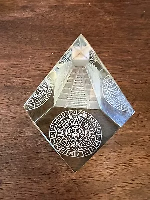 Aztec Mayan Glass Paperweight Etched Calendar And Pyramid • $28