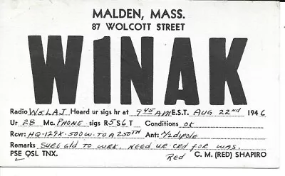 QSL 1946 Malden MA  Radio Card • $5.52