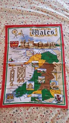 £3 • Buy Vintage Retro Wales Tea Towel WELSH Map 100% COTTON 80s Caernarfon Castle Spoons