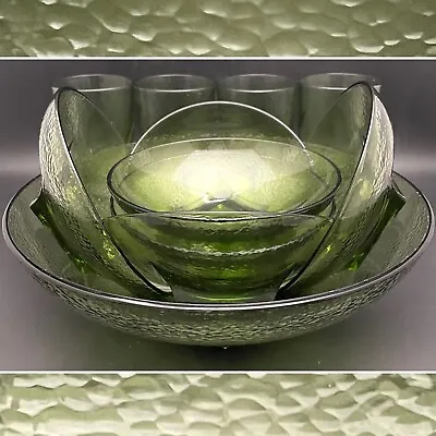 Fostoria MCM Green Art Glass Square Salad Serving 11pc Set Morgantown Molds USA • $86