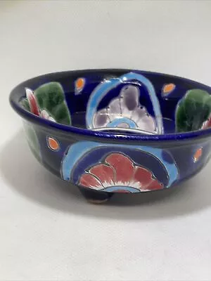 Mexican Art Pottery Footed Salsa Bowl Hand Painted Pink Signed • $18.88
