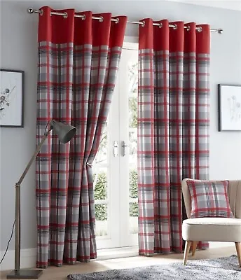 Orleans Tartan Check Eyelet Curtain Ready Made Fully Lined Ring Top Curtain Pair • £19.99