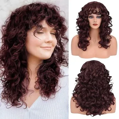 Long Curly Wig Brown Wavy Wig Retro Cosplay Wig Synthetic Wigs With Bangs • £13.16