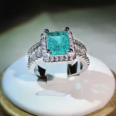 925 Sterling Silver Green Paraiba Stone Square Ring Women Men Wedding Fine Rings • $8.91