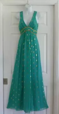 Original MILLY Turquoise Silk Chiffon+Metal Gold Goddess Maxi Gown~0~XS $425 EUC • $119.20