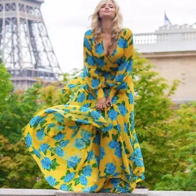 Va Va Voom Yellow Floral Long-Sleeve Belted Long Maxi Dress Size M Lightweight • $36