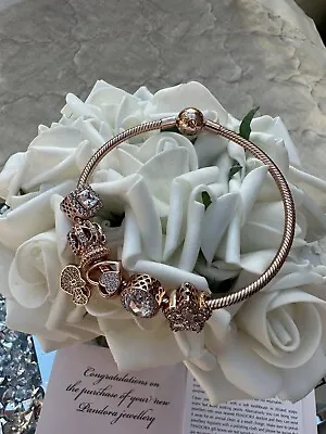 Genuine Pandora 14k Rose Gold Snake Chain Bracelet With 6 Charms Ale Met/r Boxed • £150