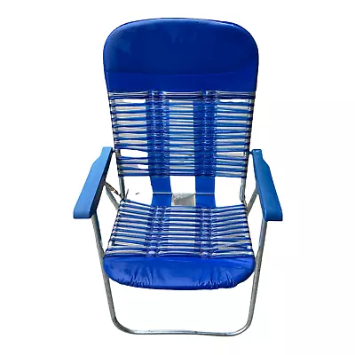 Blue Vinyl Tube Plastic Aluminum Folding Lawn Chair Pool Beach Patio • $23