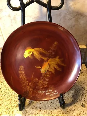 VINTAGE VIETNAMESE RED LACQUER COMMEMORATION PLATE   9 3/4  Diameter • $125