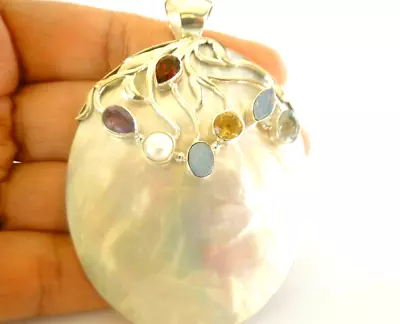 Mother Of Pearl Multi Gemstone Australian Opal 925 Sterling Silver Pendant • $99