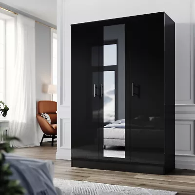 Black Gloss 3 Door Triple Mirrored Wardrobe With Hanging Rail & Shelves Bedroom • £220.98