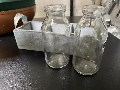 Set Of 2  1/4 Pint 4.5 Inch Mini Glass Milk Bottles & Small Wooden Crate. • $6.63