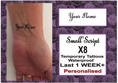 SMALL SCRIPT X8 Temporary Tattoos Your Own Name Custom WATERPROOF Last 1WEEK+ • £5.99