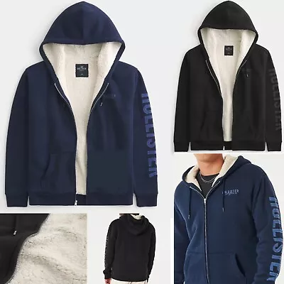 New Men's Hollister Sherpa Shearling Lined Zipped Hoodie Medium Embroidered • $72.29