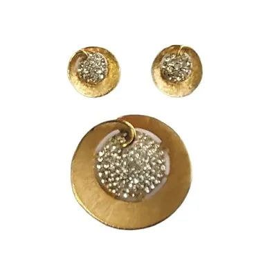 BSK Brooch Earrings Textured Gold Tone Rhinestone Swirl  Vintage  • $32