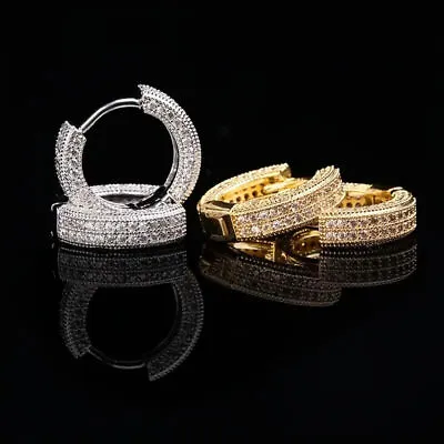 Hip Hop Iced Gold Silver Brass Micro Pave Hoop Earring Bling Fashion Earrings • $13.99